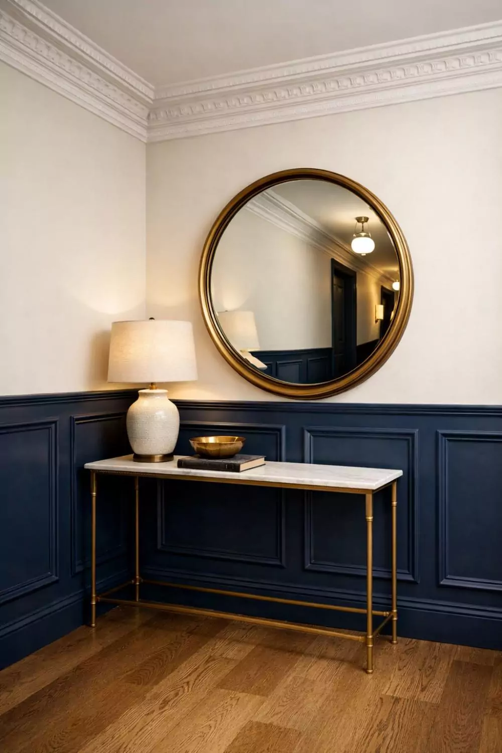 Moody Dark Painted Wainscoting Hallway With Crown Molding