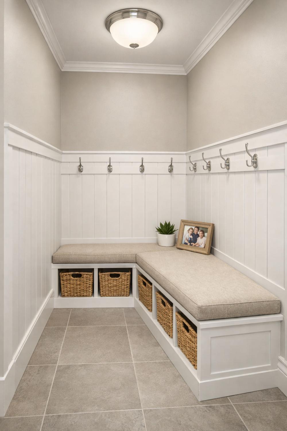 Narrow Hallway Wainscoting With Built In Bench And Storage