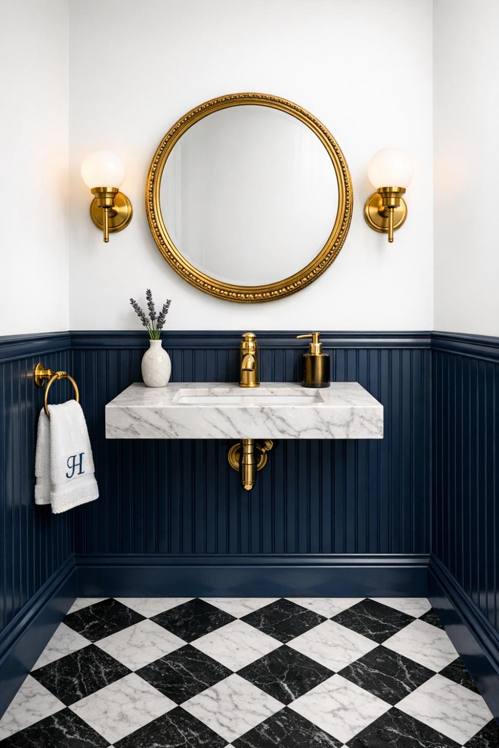 Navy Beadboard Wainscoting Powder Room