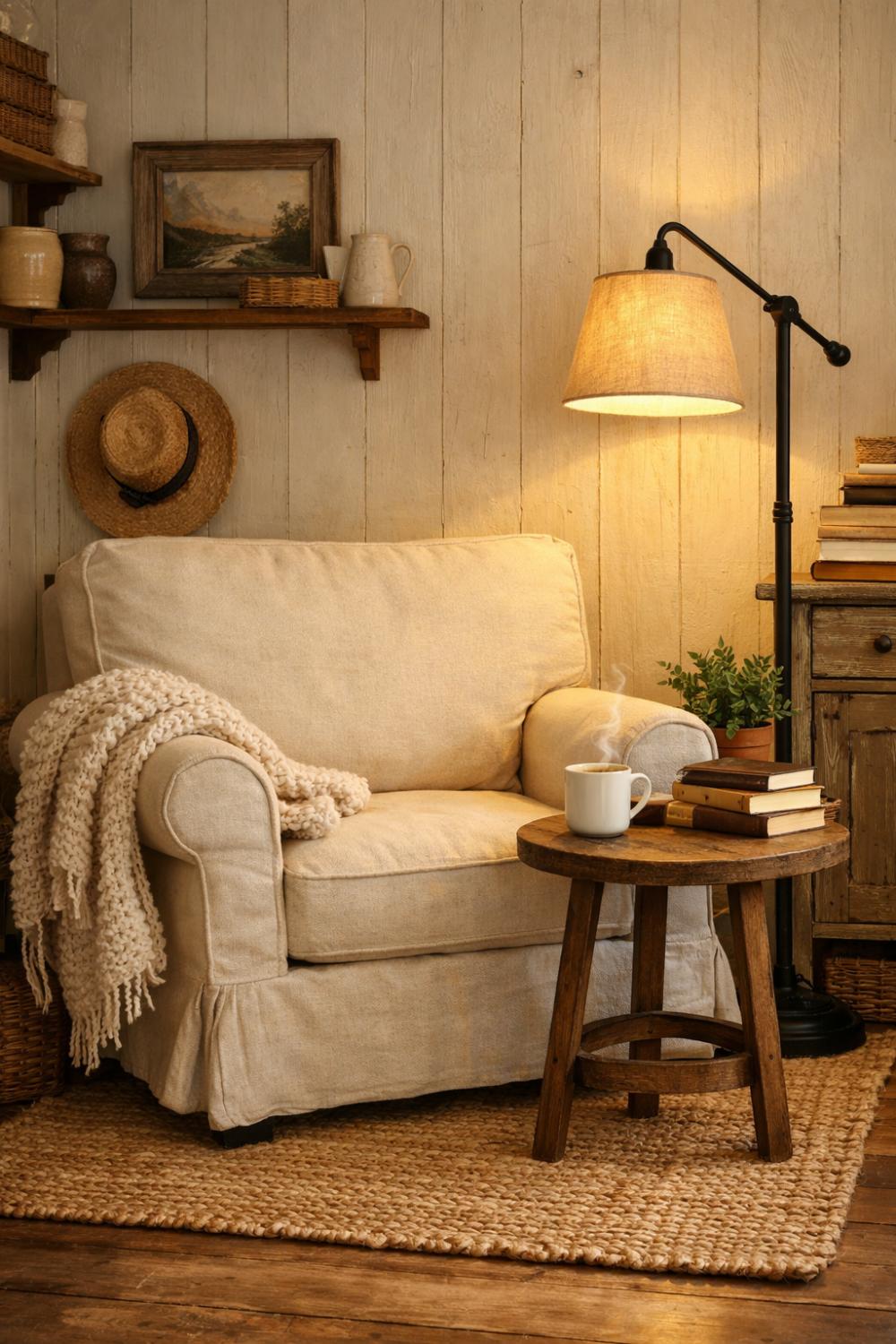 Neutral Linen Armchair Farmhouse Office Reading Corner