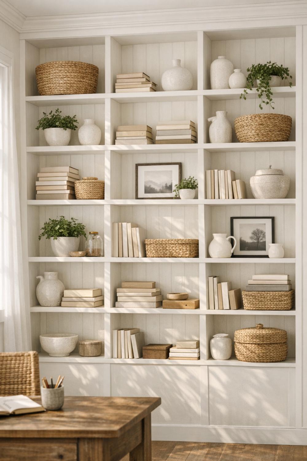Open Shelf Storage Wall Woven Baskets Farmhouse Office