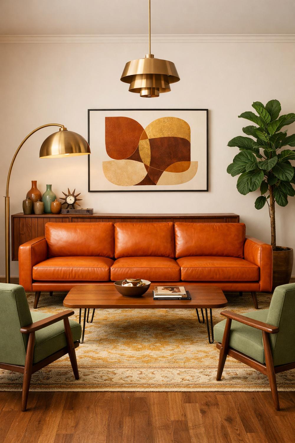 Orange Leather Couch With Mid Century Modern Furniture