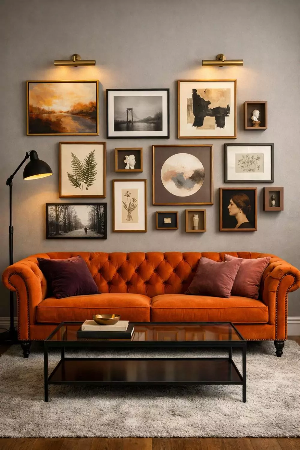 Orange Velvet Couch With Gallery Wall Display