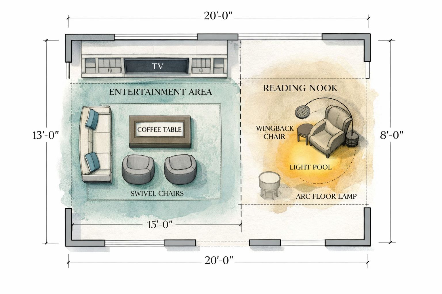 Reading Nook And Entertainment Zone Combo In A 20x20 Living Room