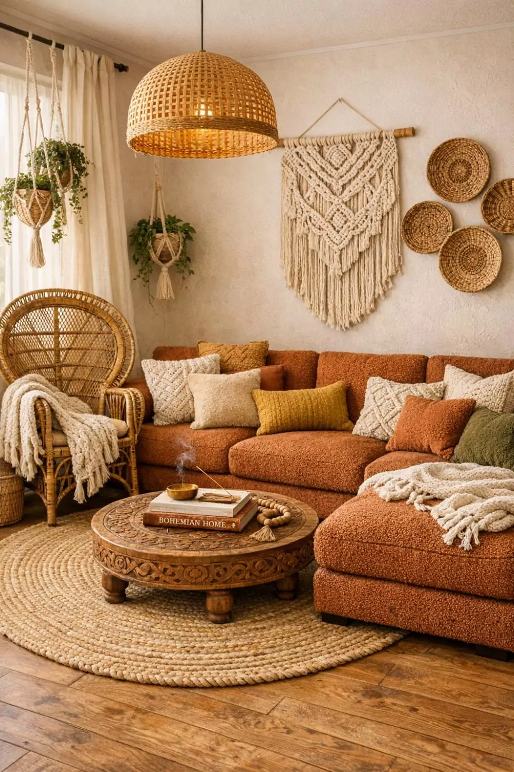 Rust Colored Sectional In A Boho Living Room