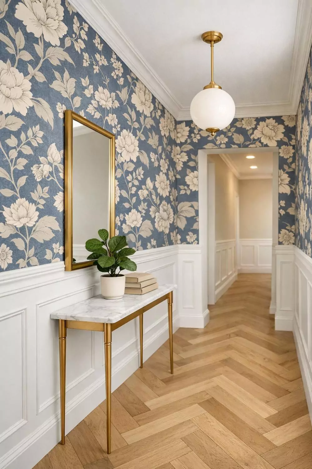 Stunning Two Tone Hallway With Wainscoting And Wallpaper