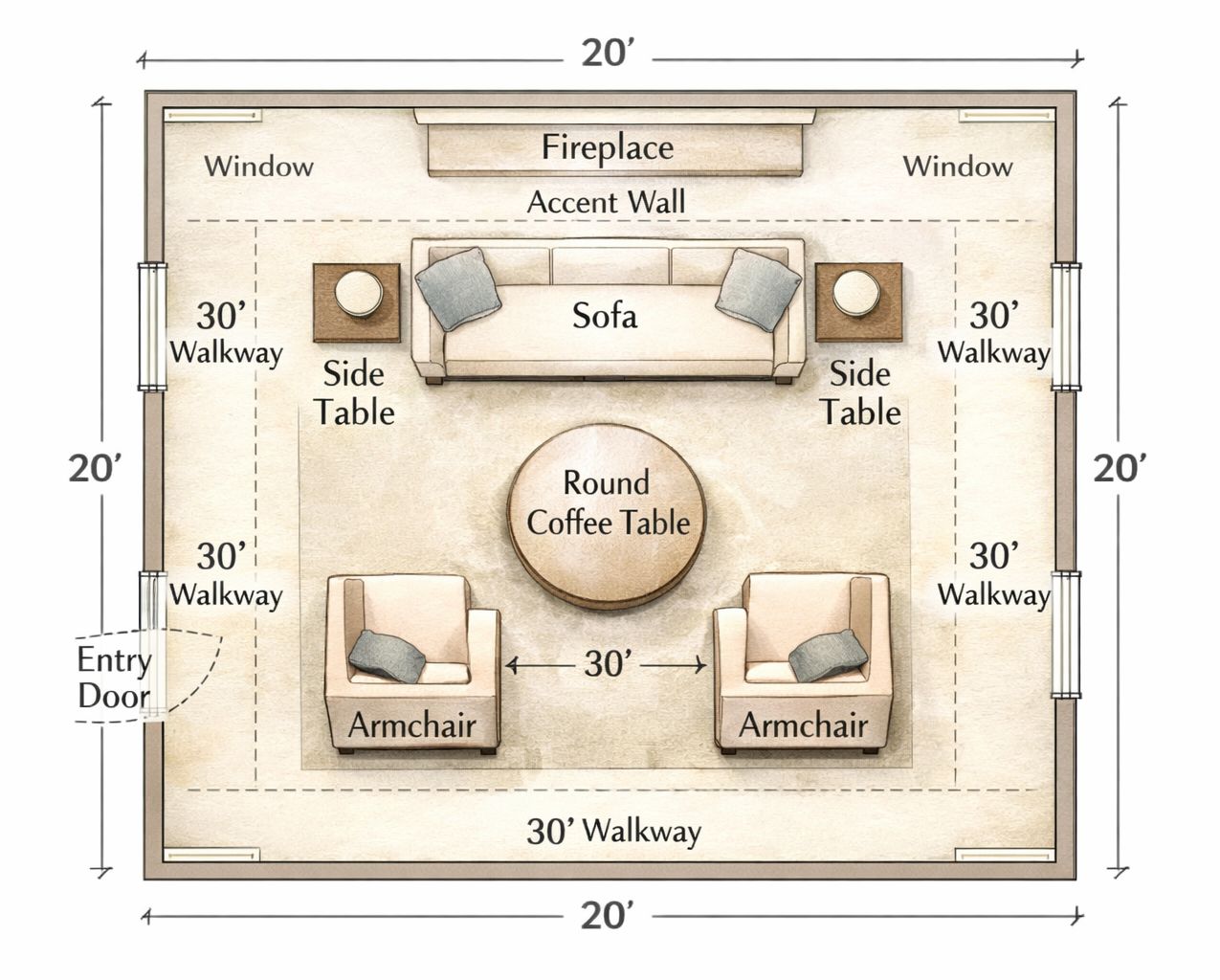 Symmetrical Sofa And Armchair Layout For A 20x20 Living Room