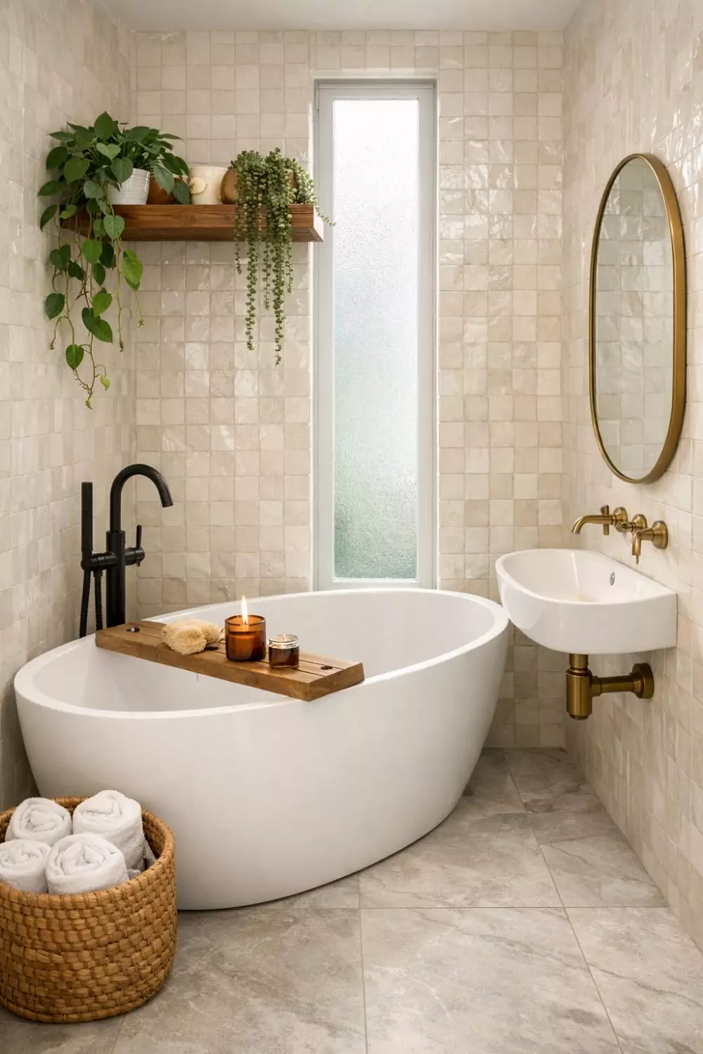 Terrace House Bathroom With Freestanding Tub And Plants