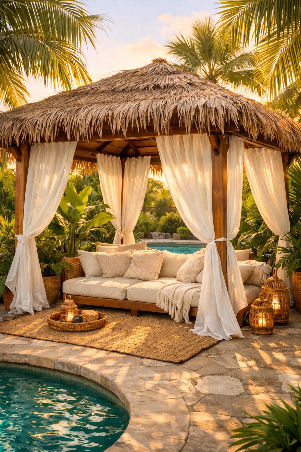 Tropical Backyard Cabana With White Curtains And Lush Greenery