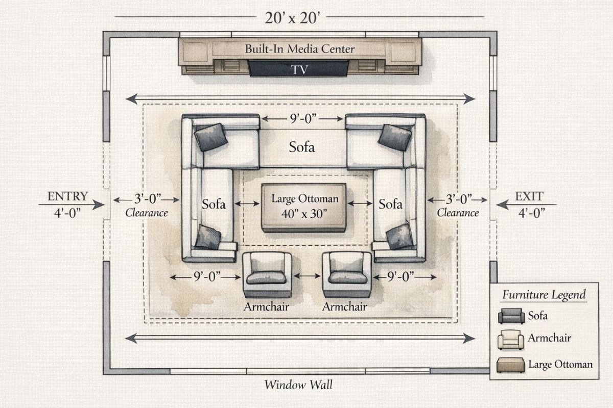 U Shaped Seating Arrangement For A Cozy 20x20 Living Room