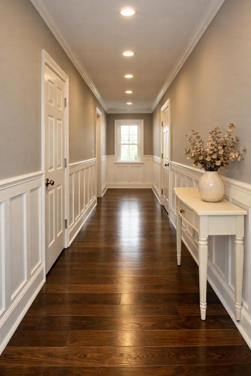 White Board And Batten Hallway With Rich Dark Wood Floors