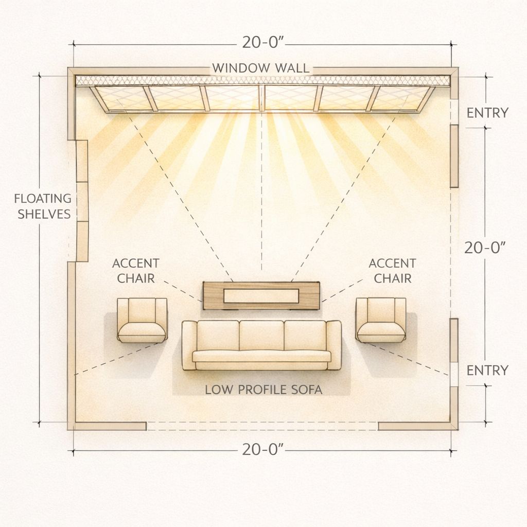 Window Centric Layout With Low Profile Furniture For A 20x20 Living Room