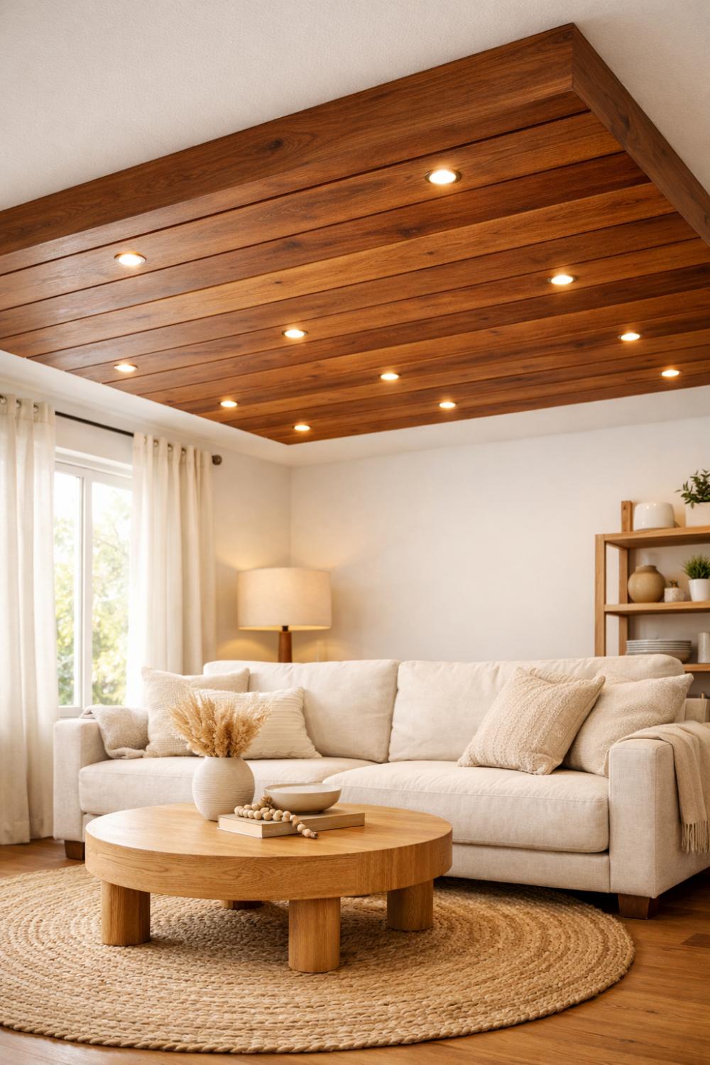 Wooden Plank Suspended Ceiling Panels Living Room