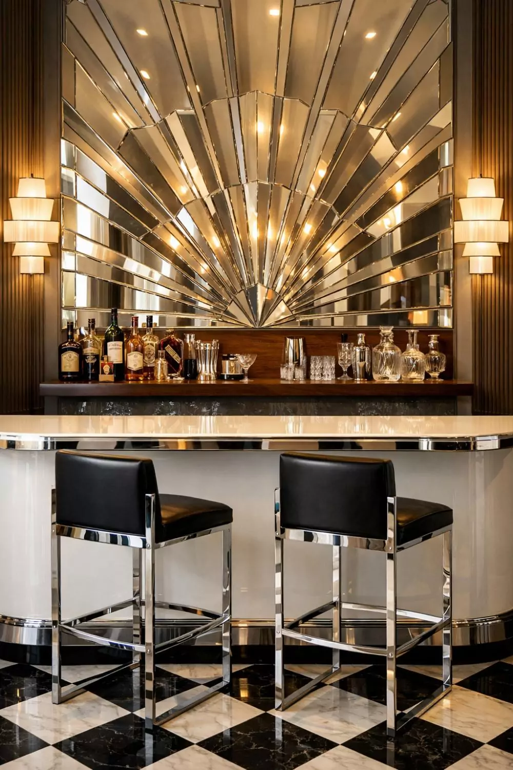 Art Deco Bar With Geometric Mirrored Backsplash Wall