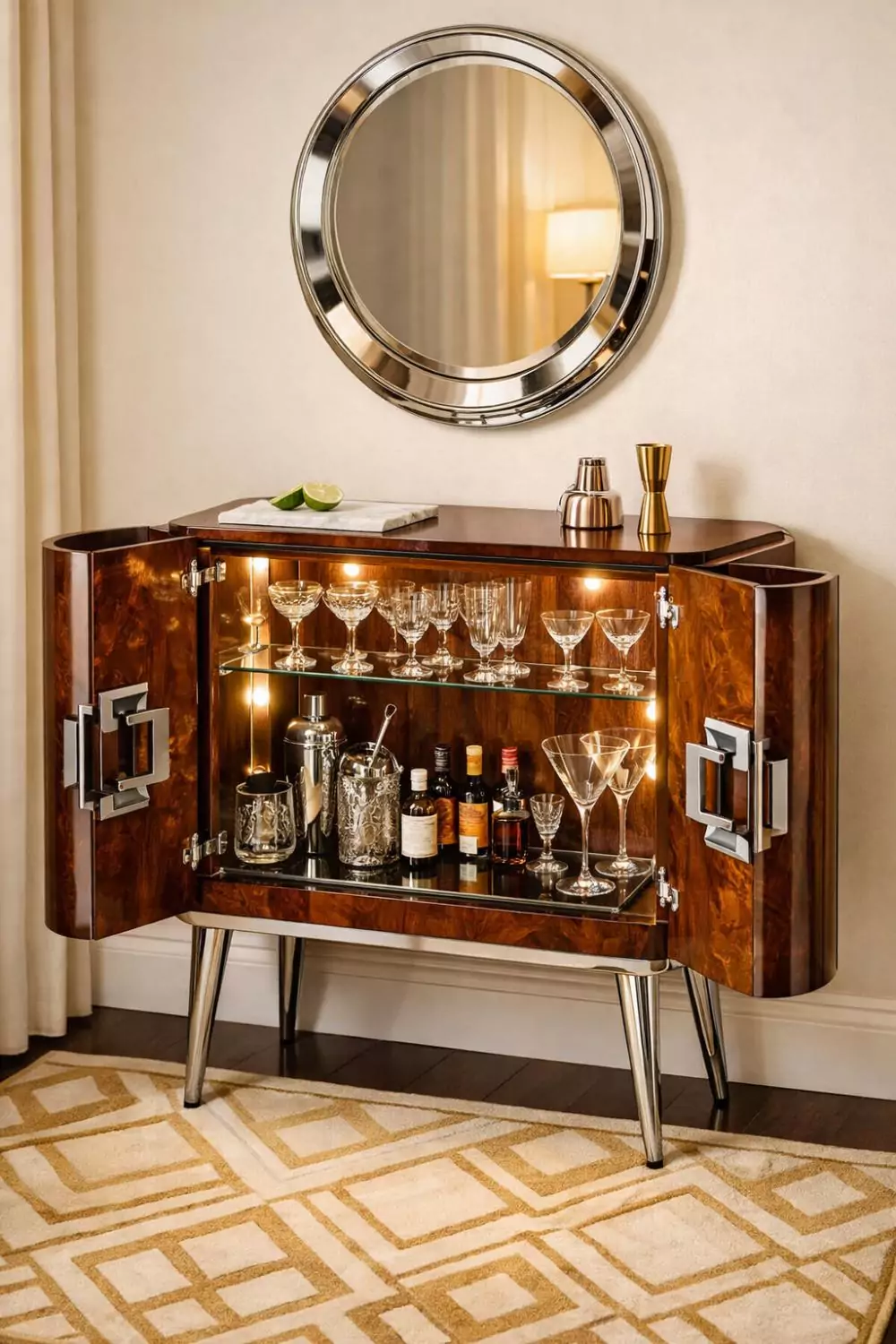Art Deco Cocktail Cabinet With Walnut And Chrome