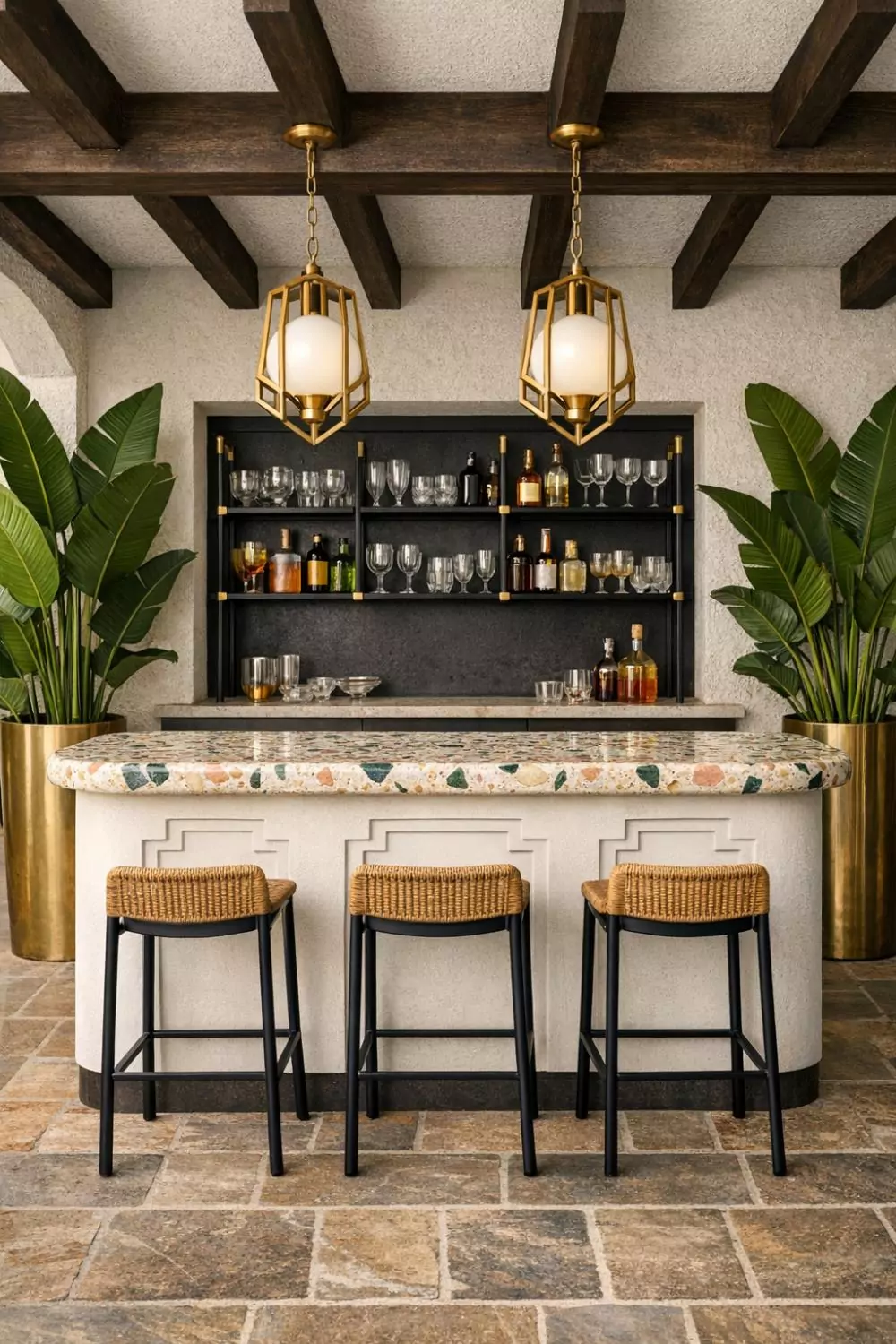 Art Deco Outdoor Bar With Terrazzo Countertop