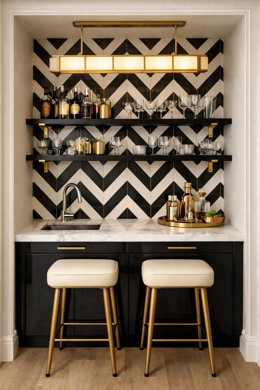 Art Deco Wet Bar With Chevron Tile