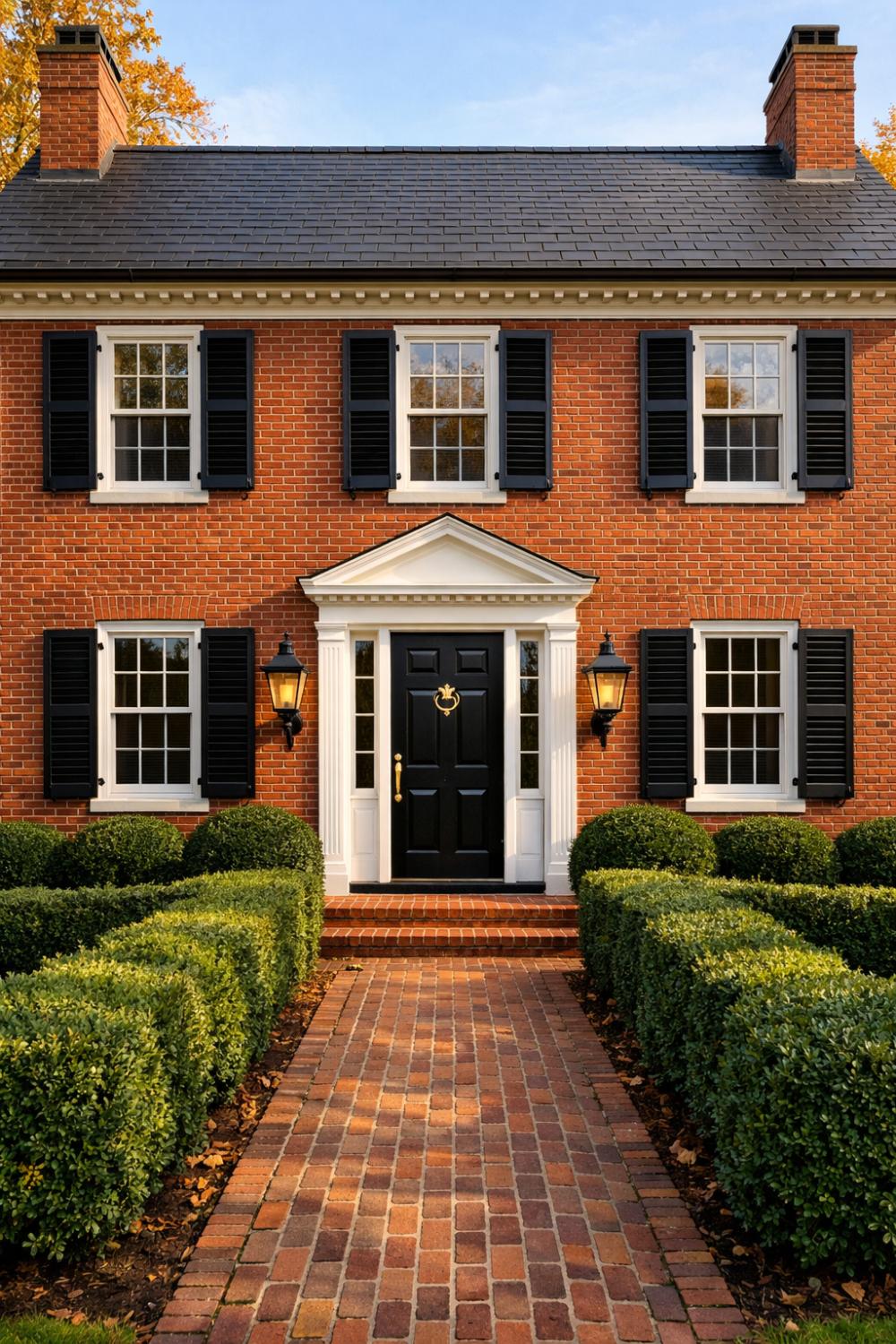 Black Louvered Shutters On A Red Brick Colonial