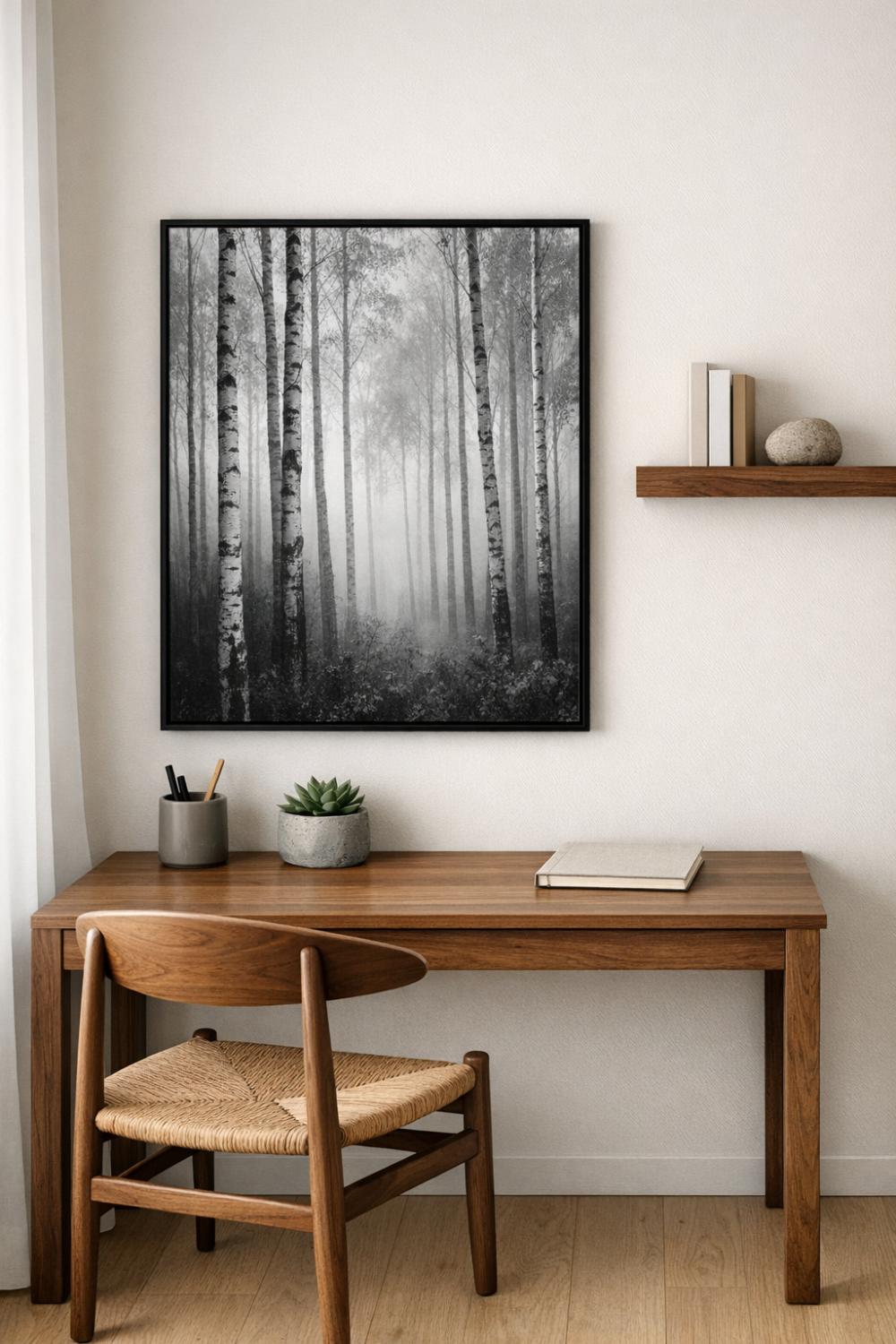 Black And White Photography Nature Print In A Japandi Home Office