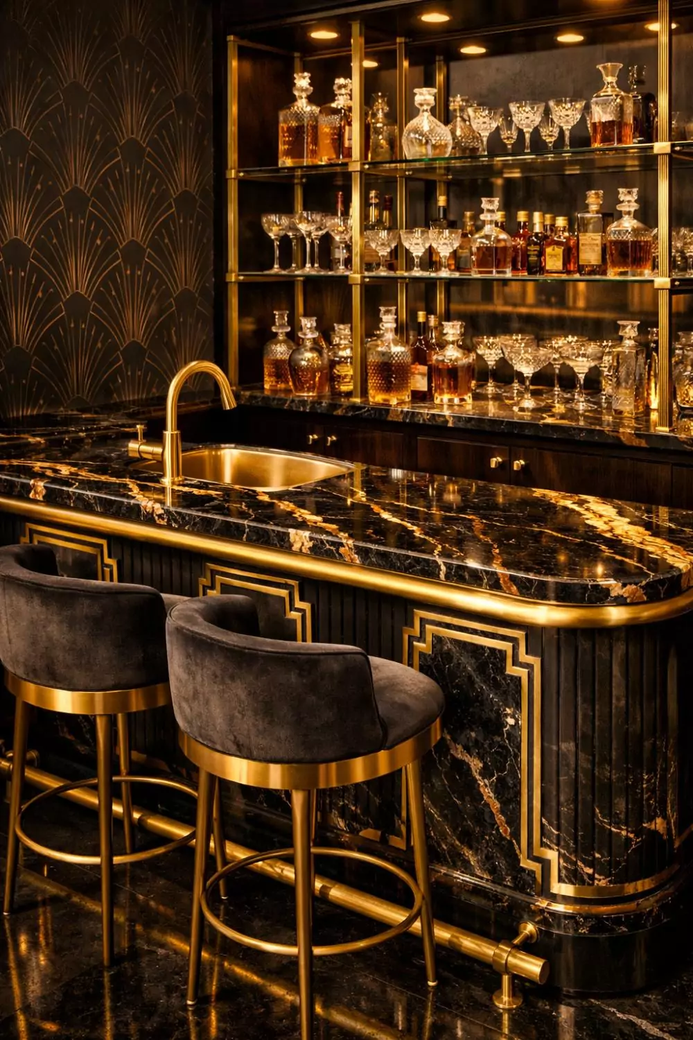 Brass And Black Marble Art Deco Home Bar Design