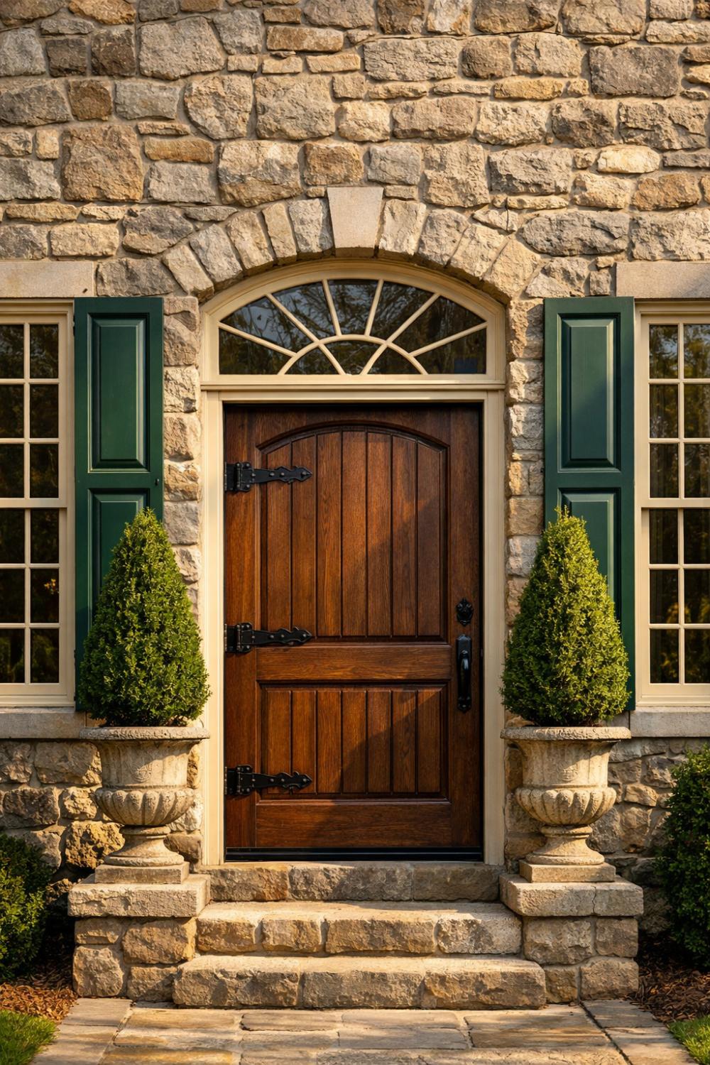 Dark Green Raised Panel Shutters On A Stone Facade