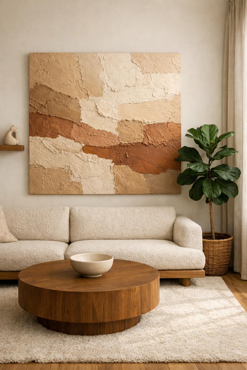 Earthy Toned Abstract Textured Canvas In A Japandi Living Room