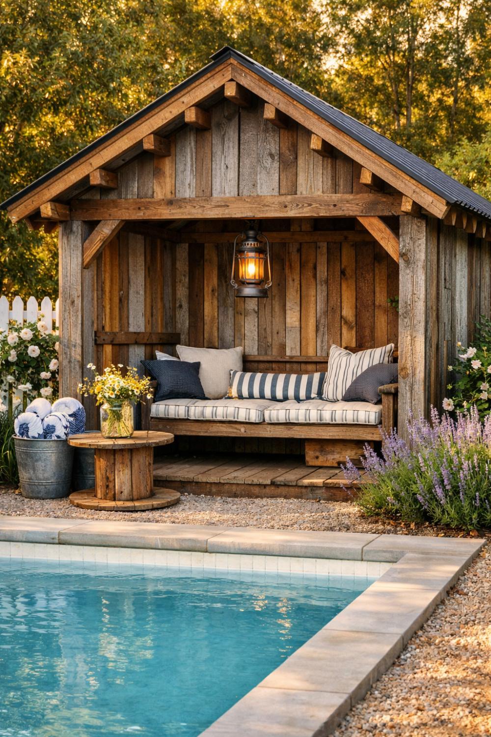 Farmhouse Pool Cabana With Reclaimed Wood