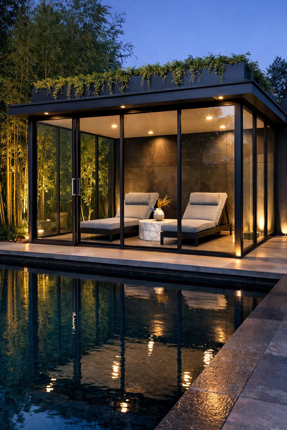 Glass Enclosed Contemporary Pool Cabana