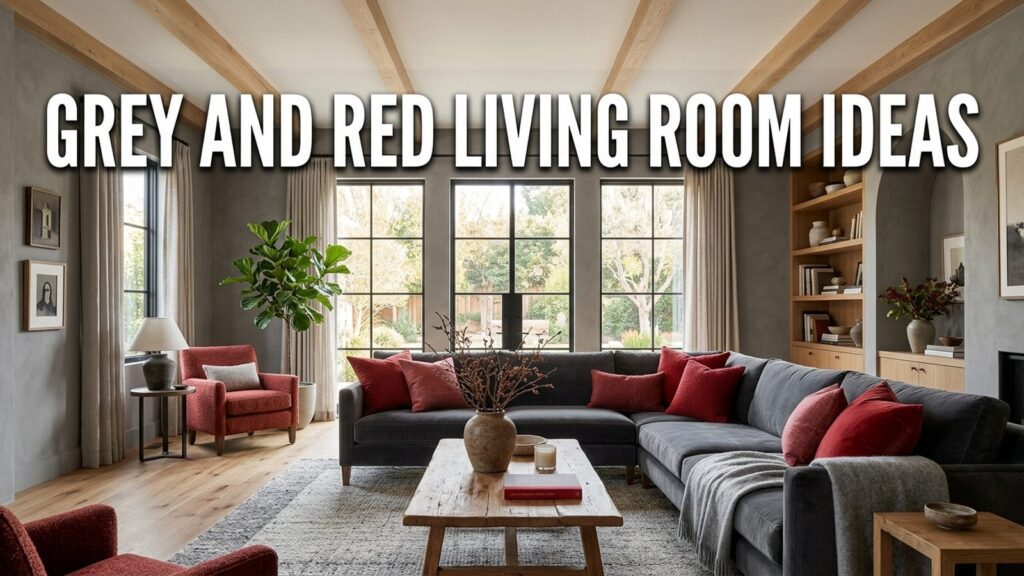 Grey and red living room ideas featuring a charcoal sofa with red accent pillows and natural light