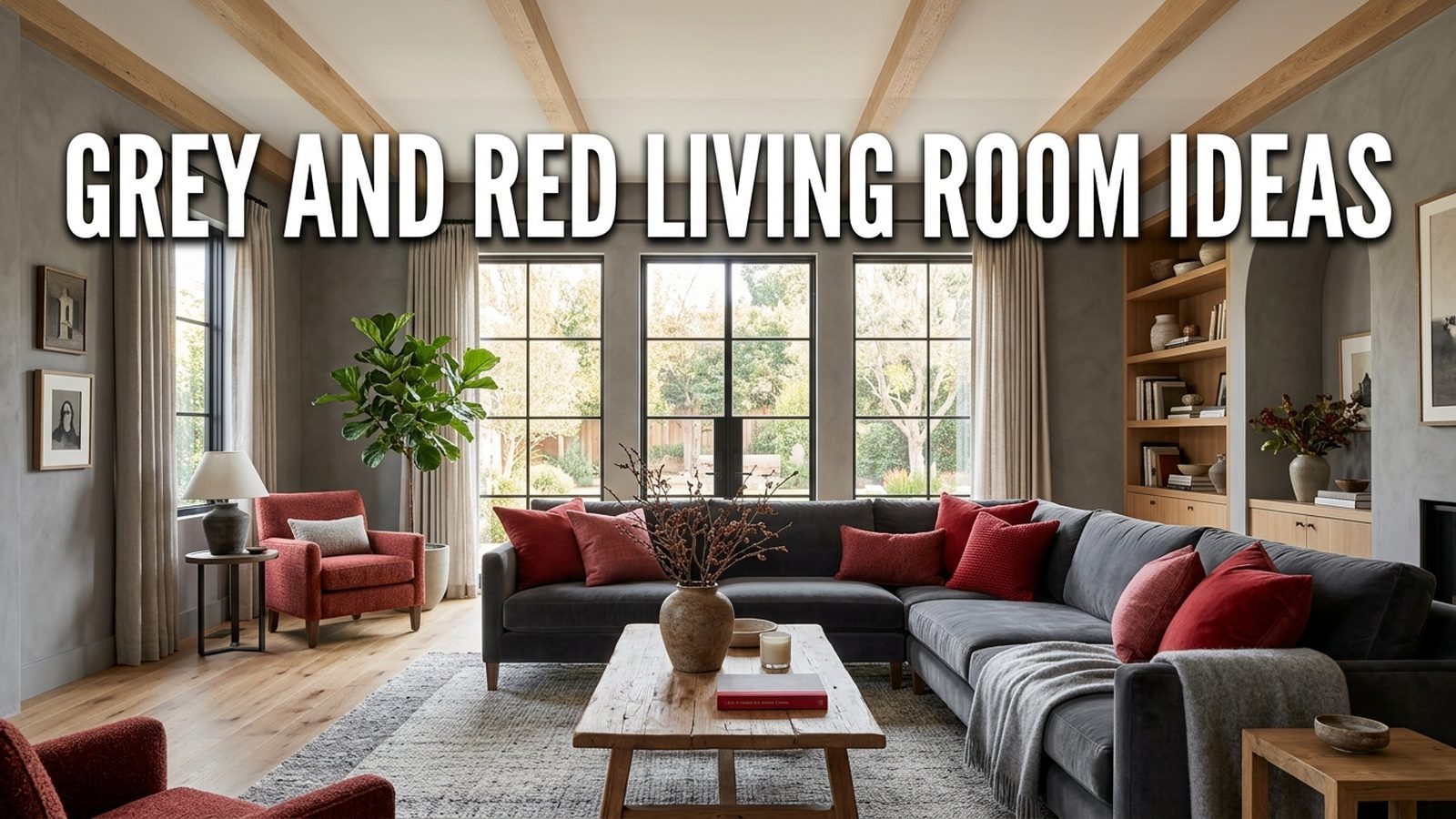 Grey and red living room ideas featuring a charcoal sofa with red accent pillows and natural light