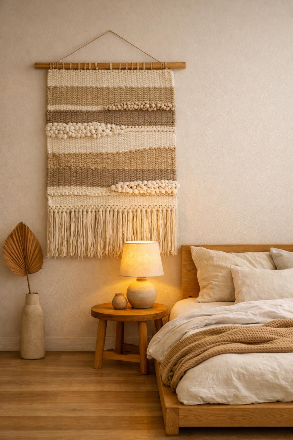 Handwoven Textile Wall Hanging In A Japandi Bedroom Corner