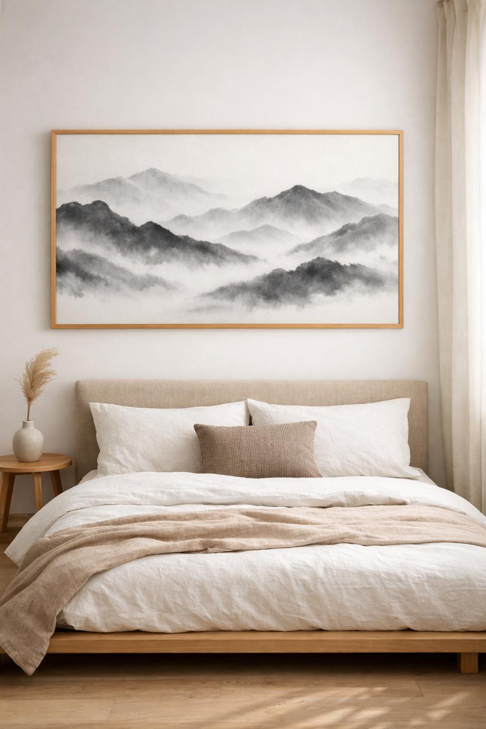 Minimalist Ink Wash Landscape Print On A Neutral Bedroom Wall