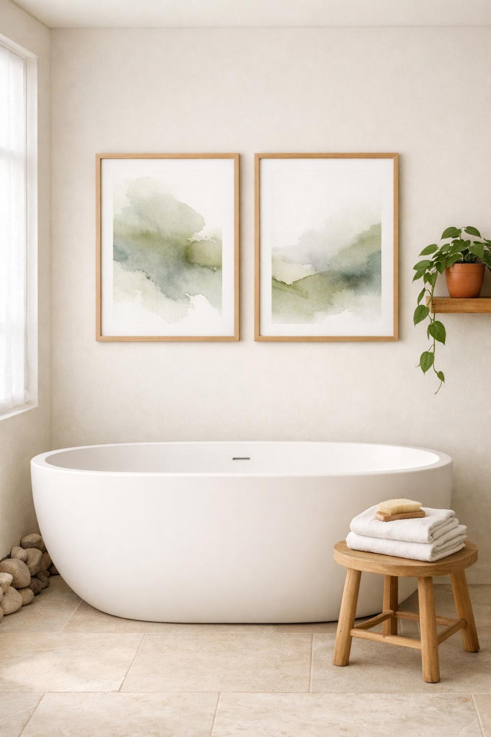 Muted Sage Green Watercolor Prints In A Japandi Bathroom