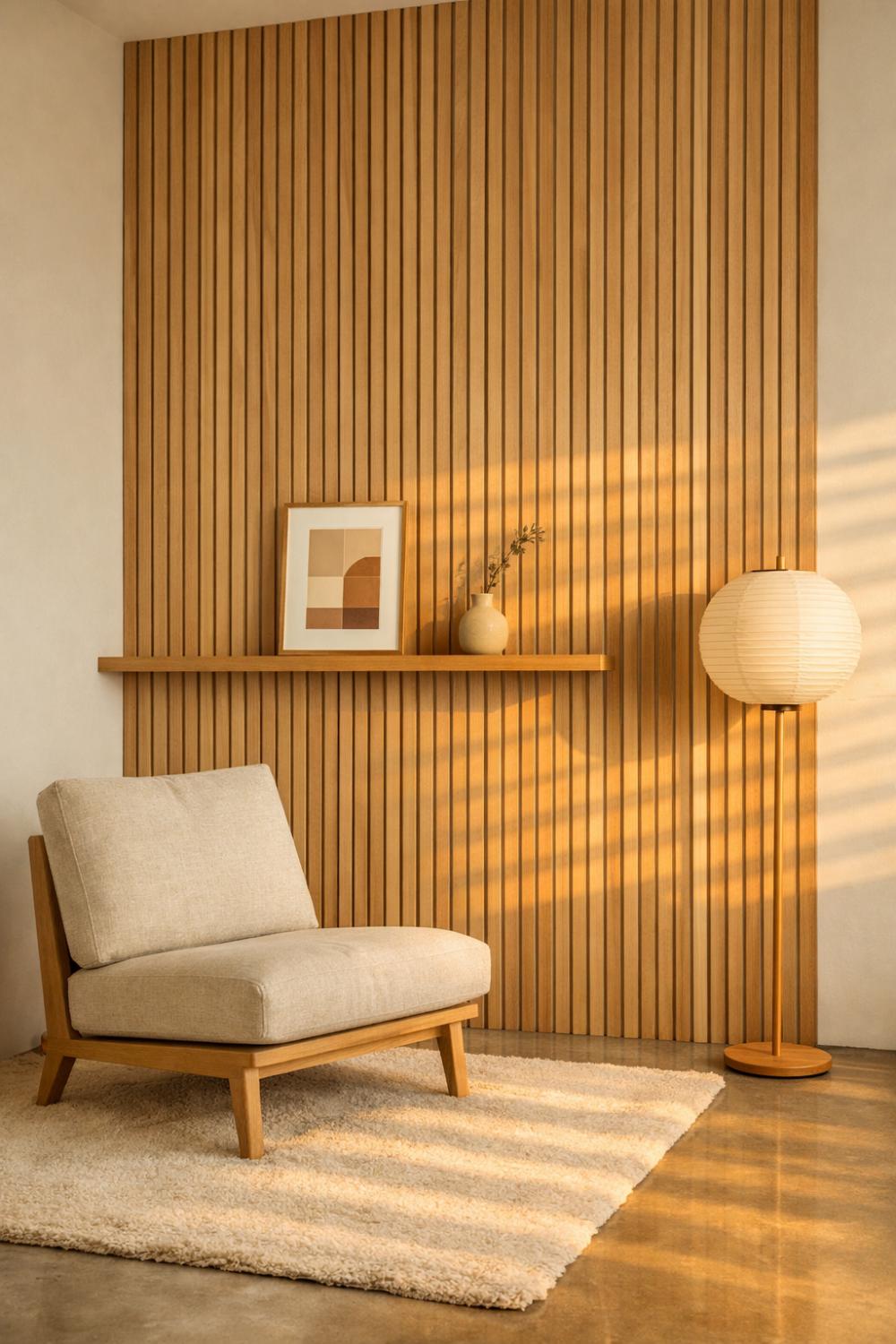 Natural Wood Slat Wall Panel With Integrated Shelf Art Display