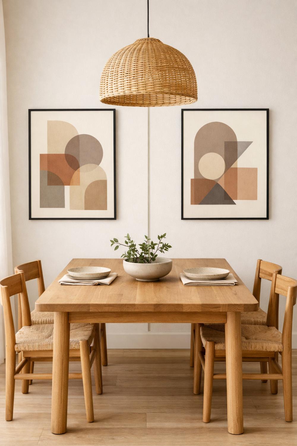 Neutral Geometric Abstract Art Set In A Japandi Dining Room