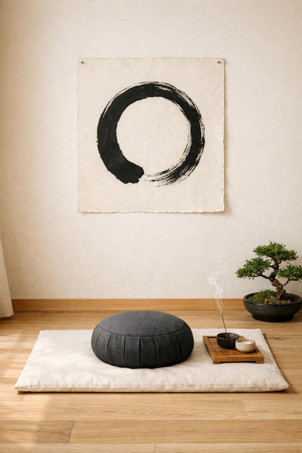 Oversized Zen Circle Enso Painting In A Meditation Space