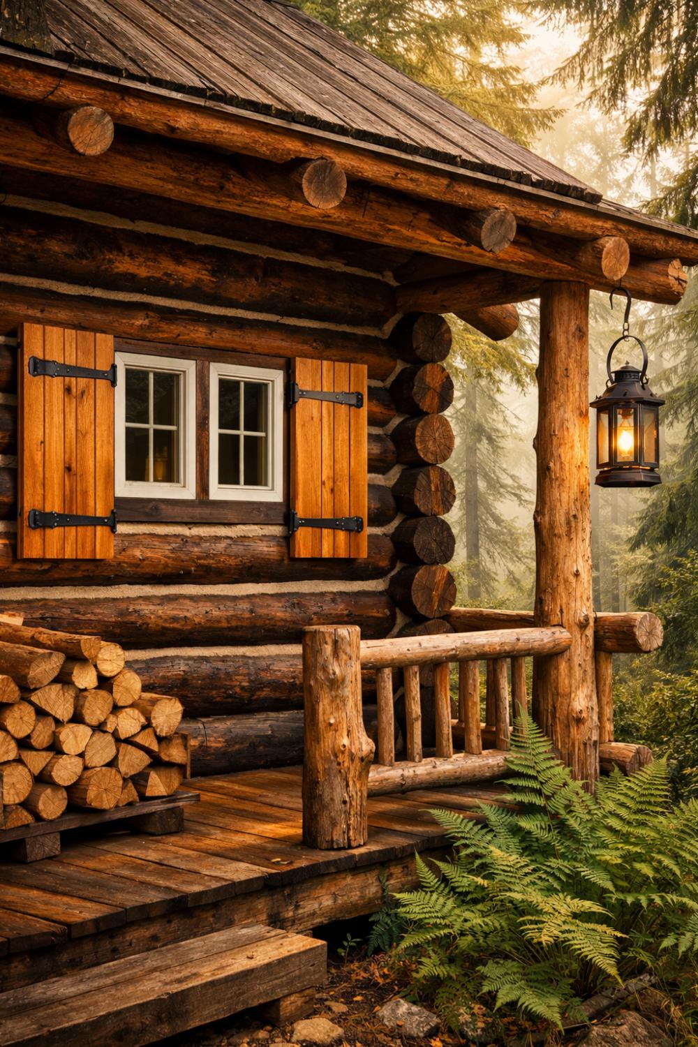 Rustic Cedar Shutters On A Log Cabin Exterior