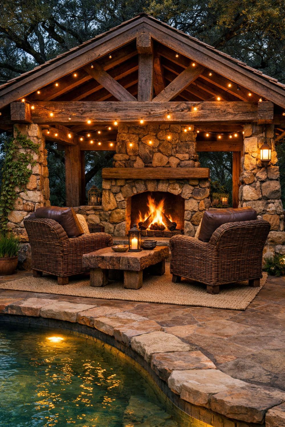 Rustic Stone And Wood Pool Cabana With Fireplace