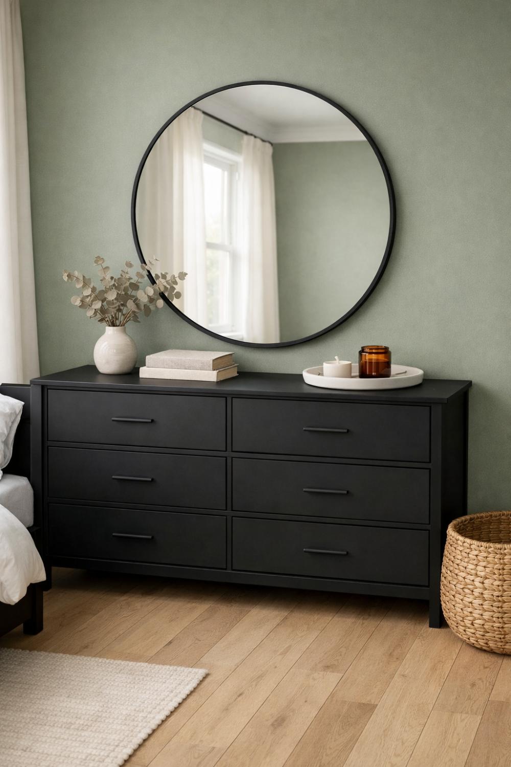 Sage Green Walls Behind A Black Dresser And Mirror