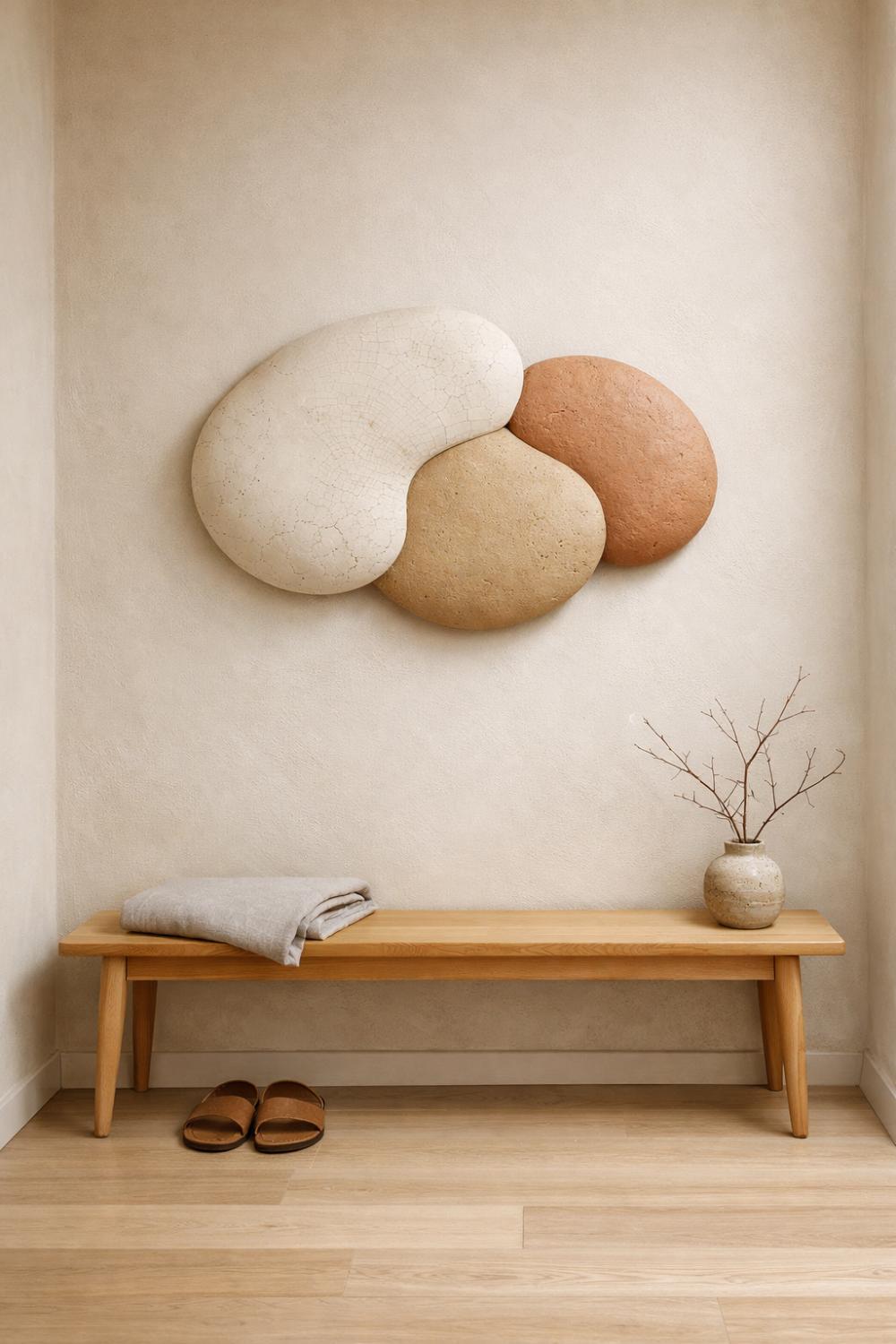 Wabi Sabi Ceramic Wall Sculpture In An Entryway