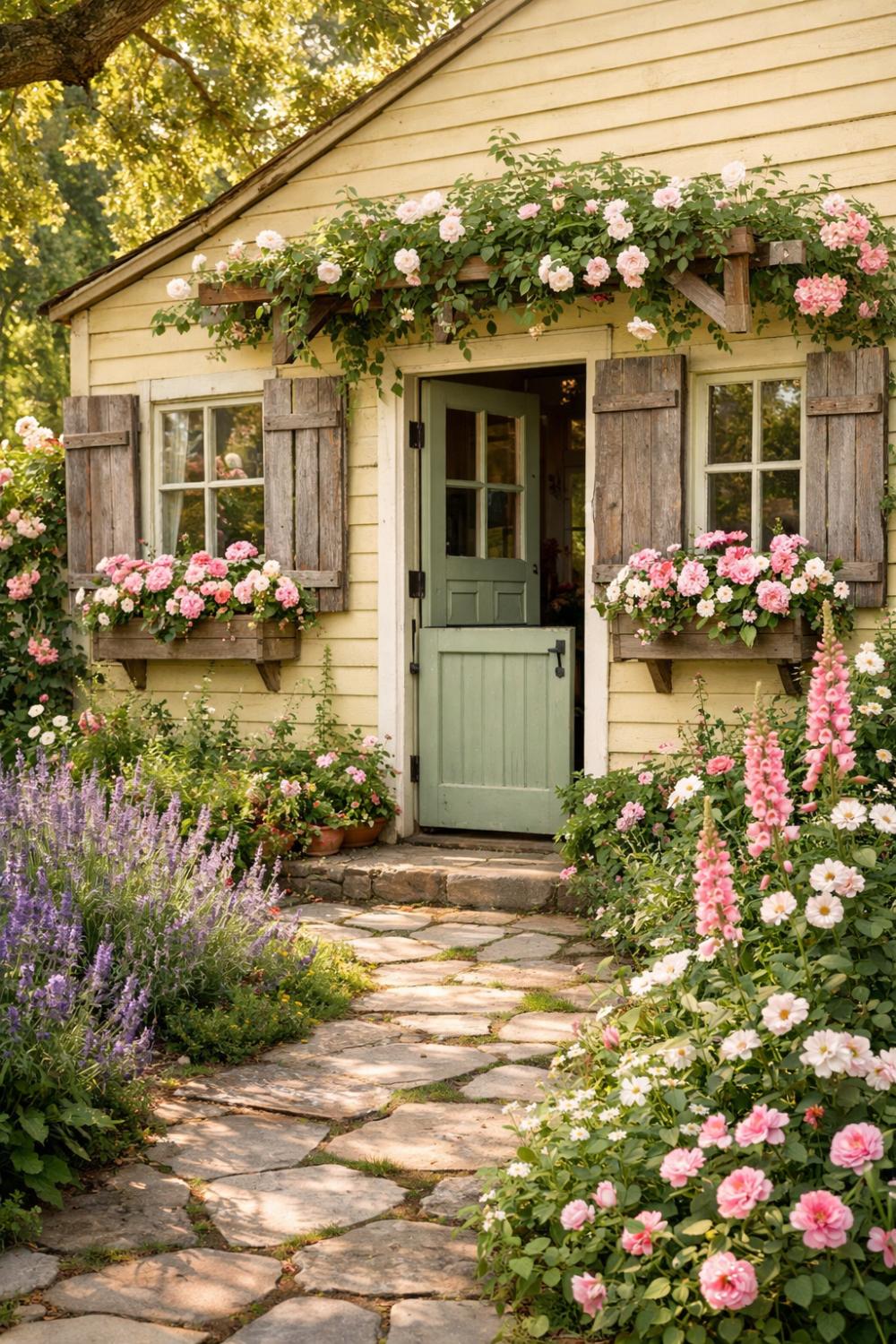 Weathered Reclaimed Wood Shutters On A Country Cottage