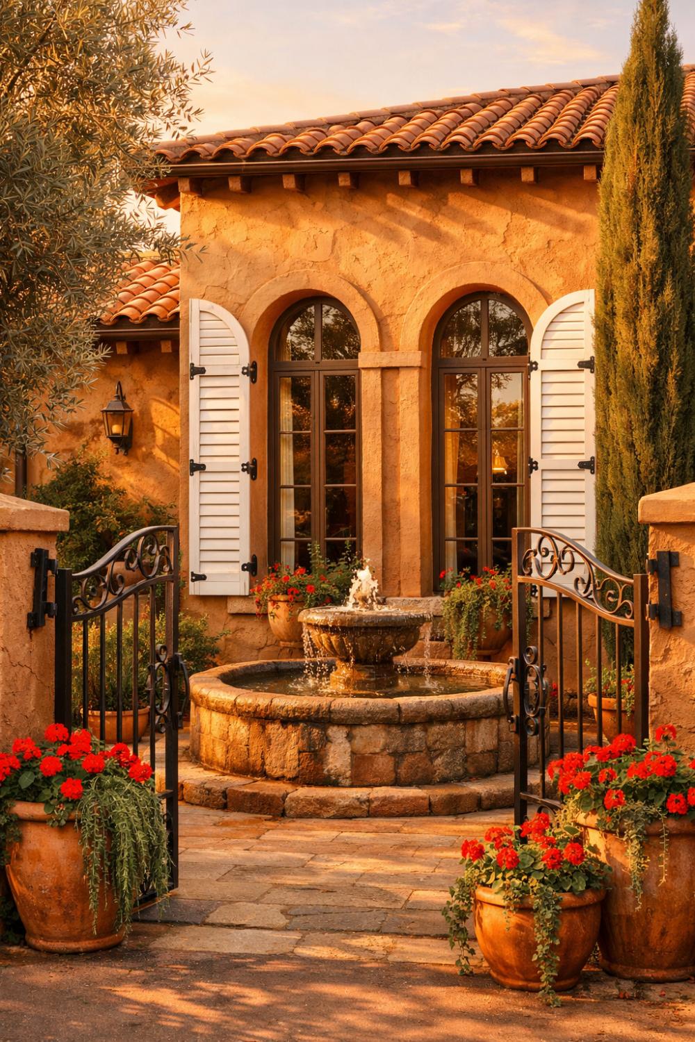 White Plantation Shutters On A Mediterranean Stucco Home