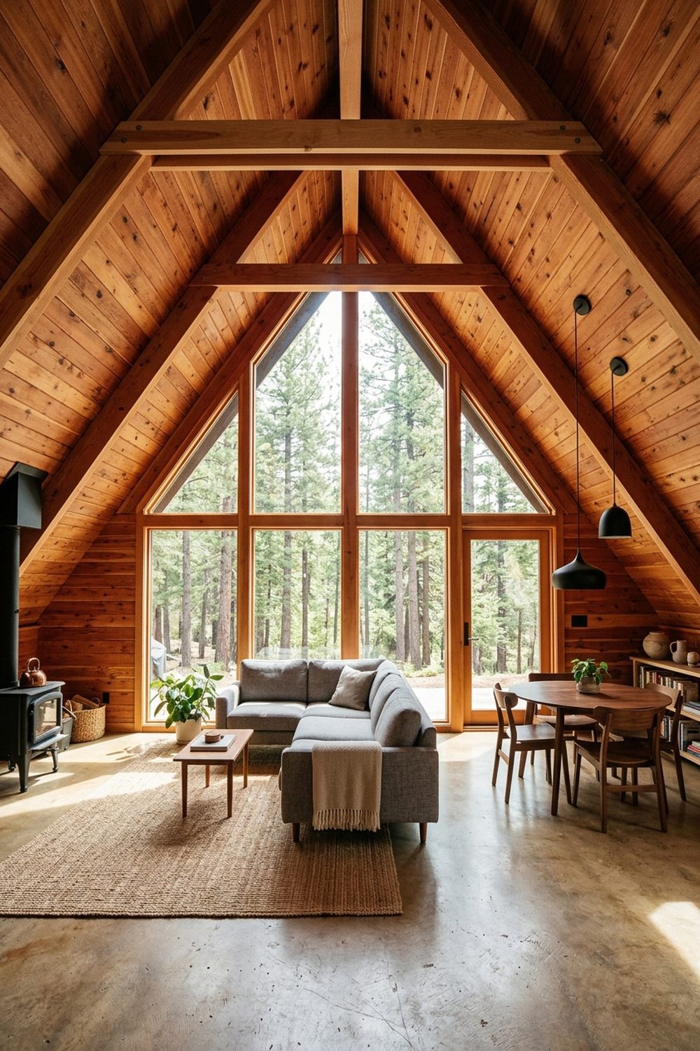 A-frame cabin interior with cathedral cedar ceiling and panoramic triangular windows overlooking pine forest with compact gray sectional