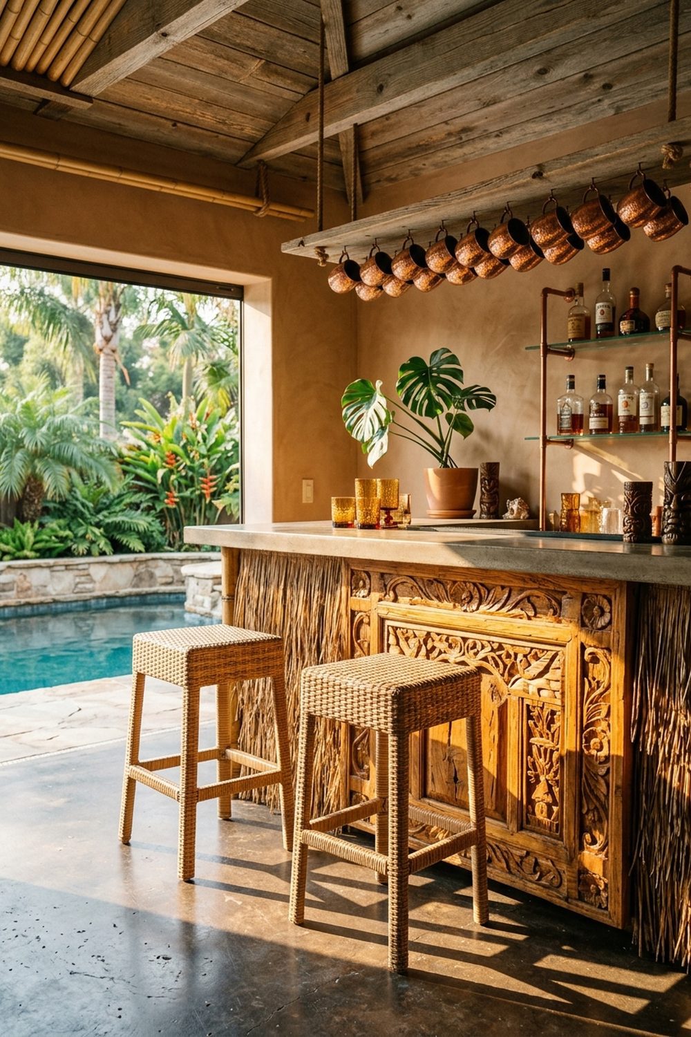 Backyard tiki bar pool cabana with carved teak bar front, hanging copper mugs, rattan stools, monstera plant and view of pool and palms