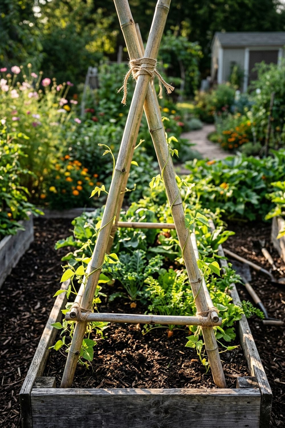 Bamboo A-frame garden trellis tied with jute twine over a raised bed with climbing bean vines