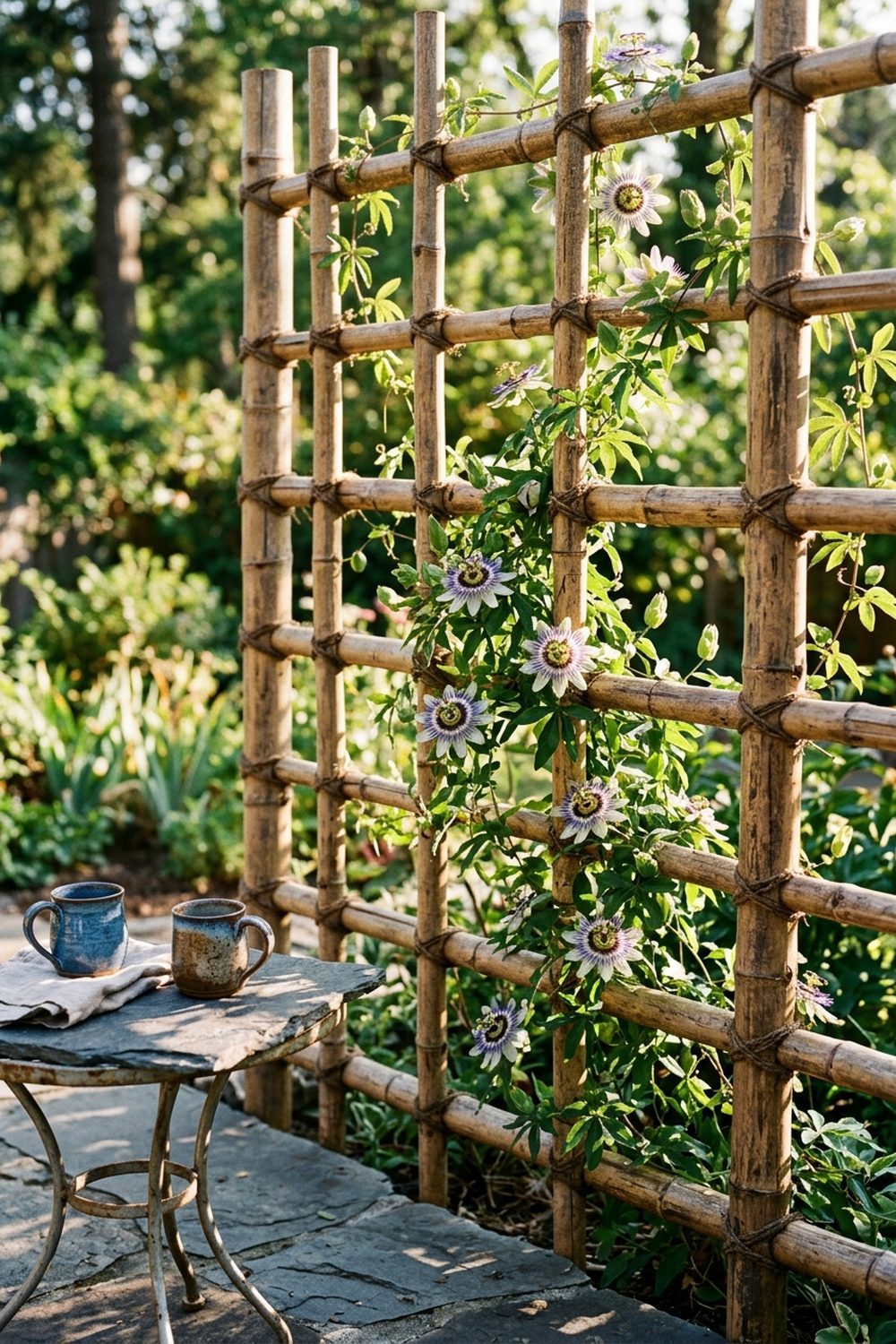 Bamboo garden trellis screen with passionflower vine creating privacy along a patio
