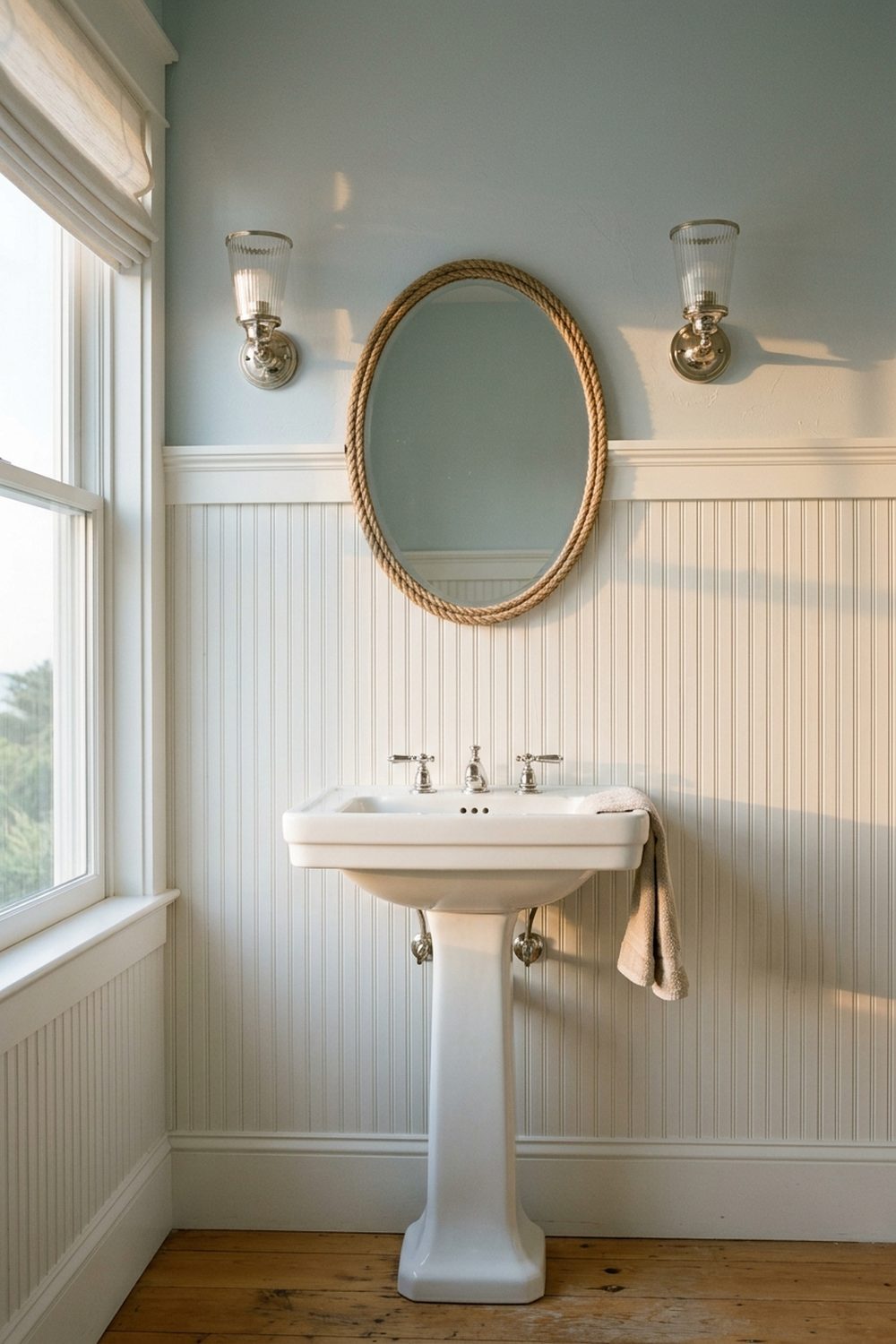 Beadboard wainscoting coastal bathroom accent wall in crisp white satin paint running to chair rail height, soft blue grass cloth above, pedestal sink, polished nickel sconce, framed oval mirror