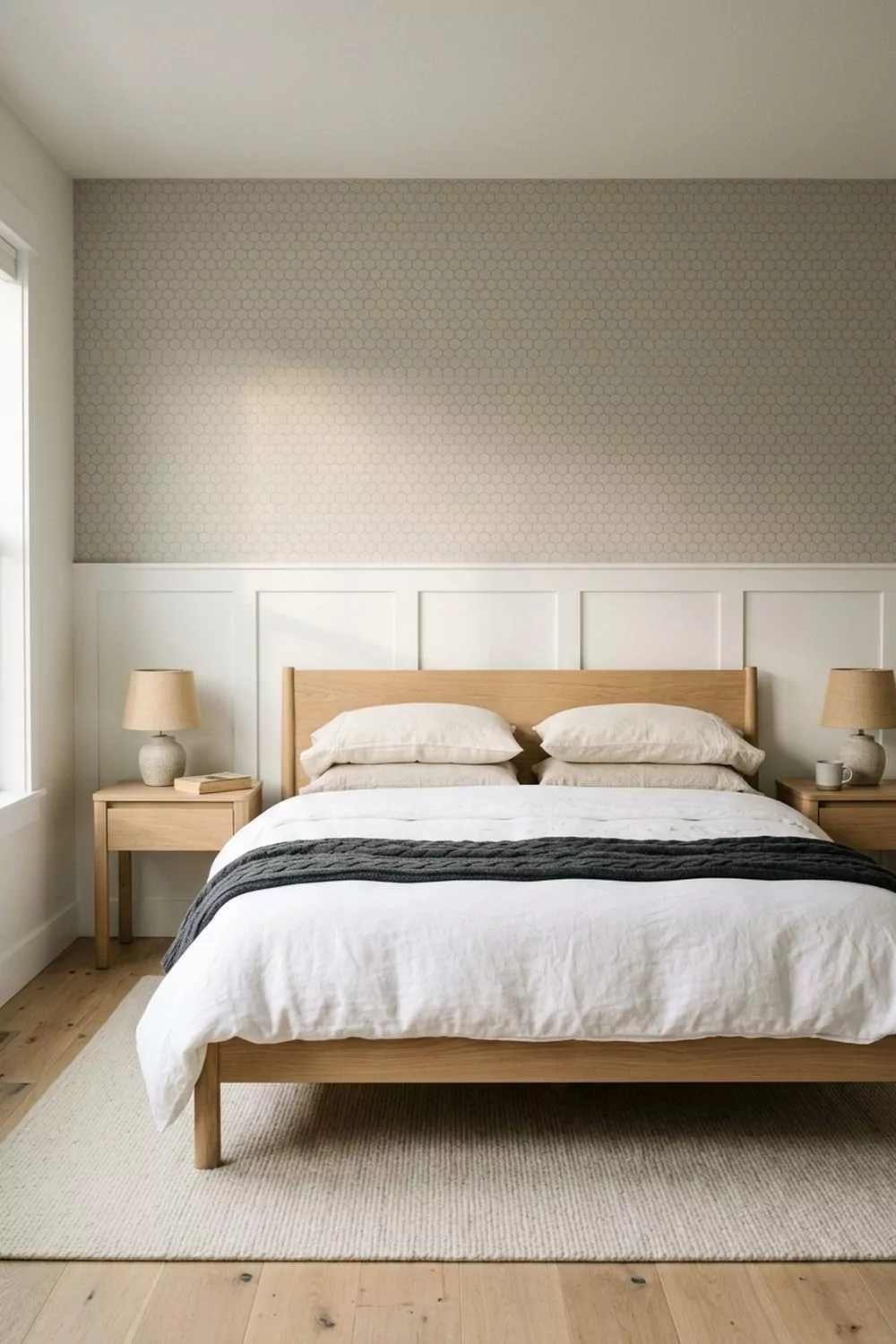 Primary bedroom with soft warm-grey geometric wallpaper above white panel wainscoting and a pale oak bed with cream linens
