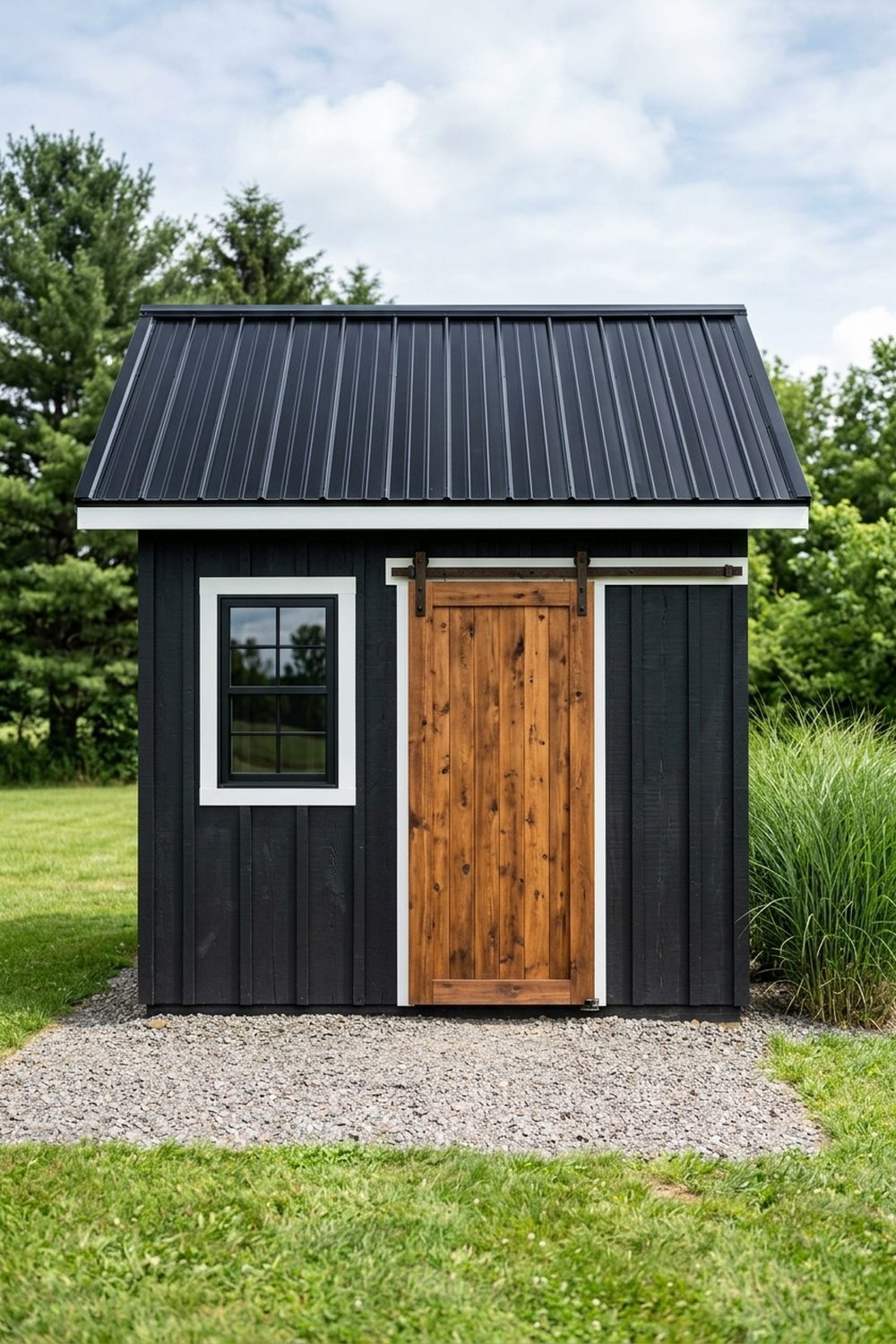 Modern black farmhouse shed with vertical board and batten siding, a black standing seam metal roof, cedar sliding barn door and white trim