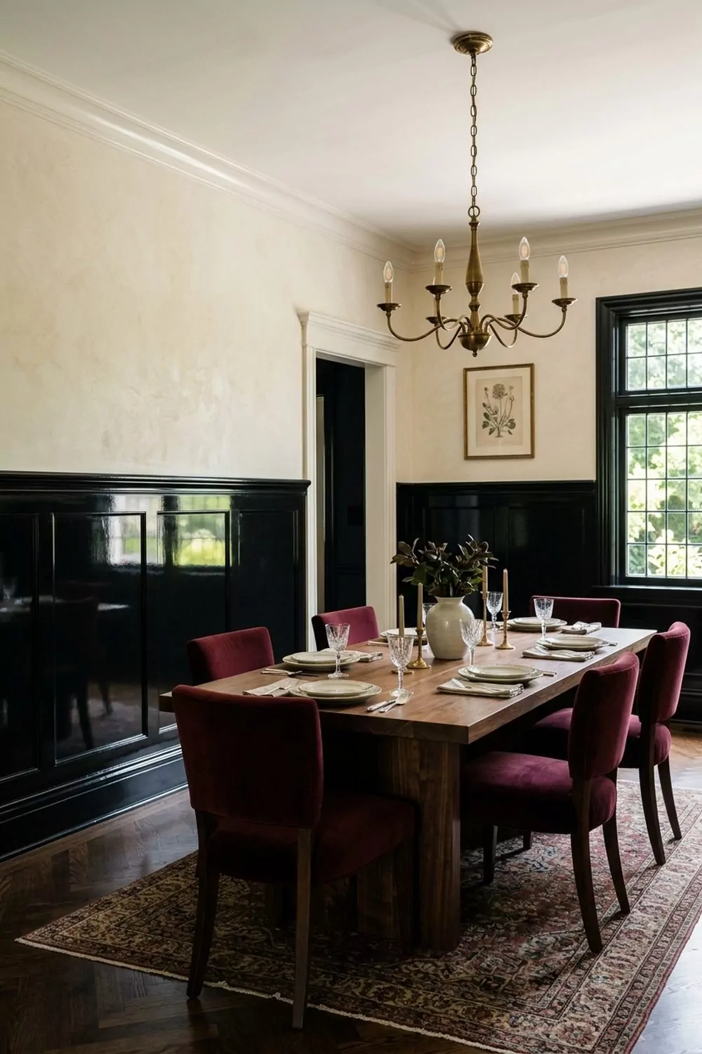 Formal dining room with glossy black lacquer wainscoting topped by cream plaster walls, burgundy velvet chairs, aged brass chandelier and walnut dining table